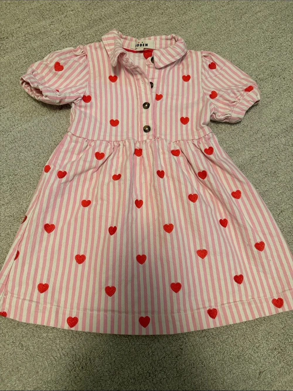 Mini Boden Pink & Red Striped Dress with Heart Motif